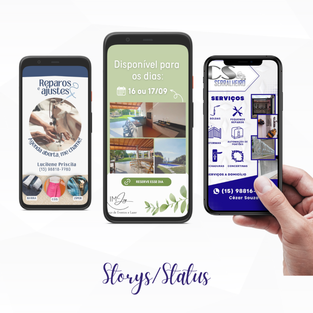 Mídias sociais de costureira, serralheiro e chácara para lazer